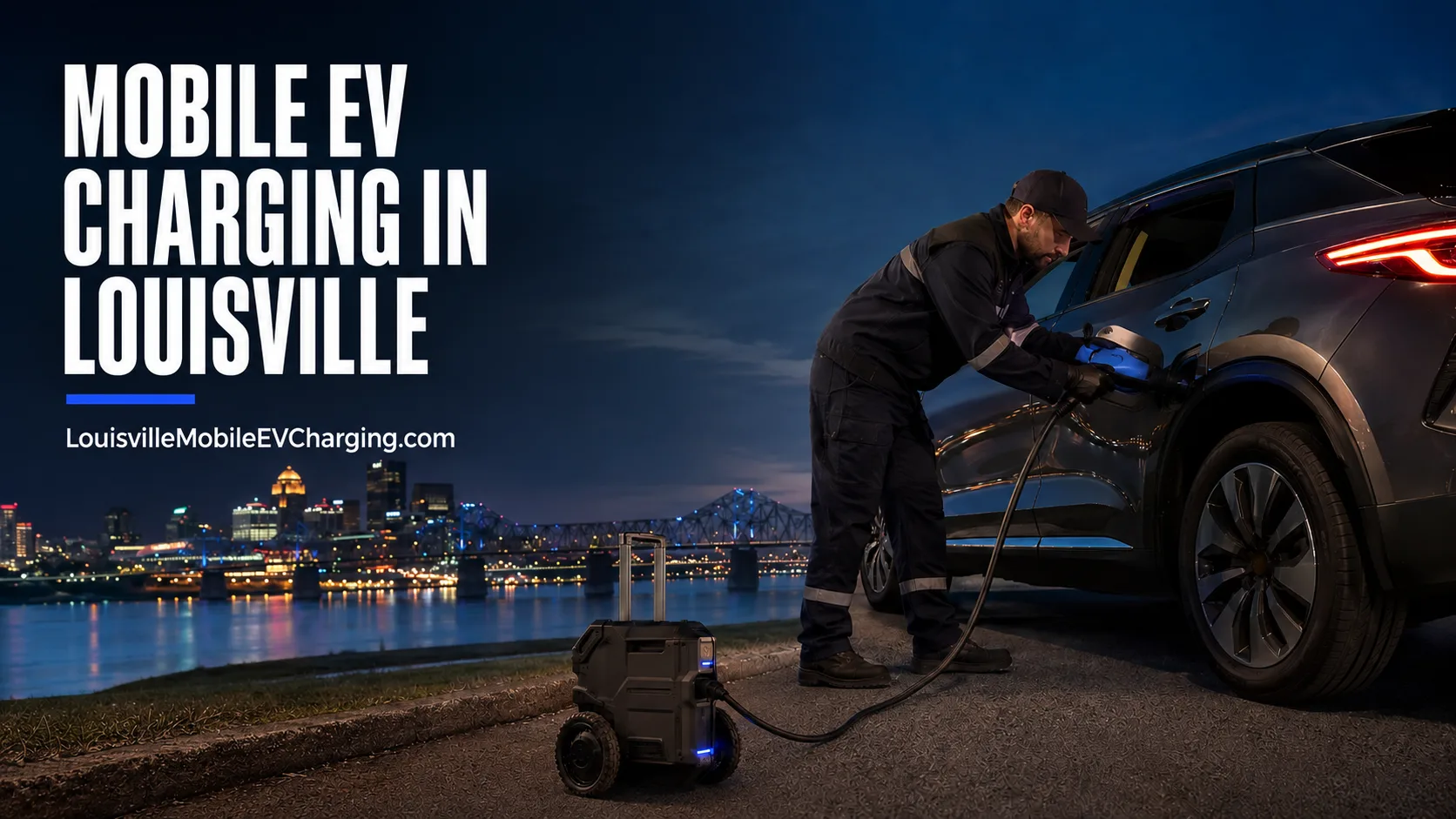 Mobile EV charging technician helping an electric vehicle near the Louisville skyline