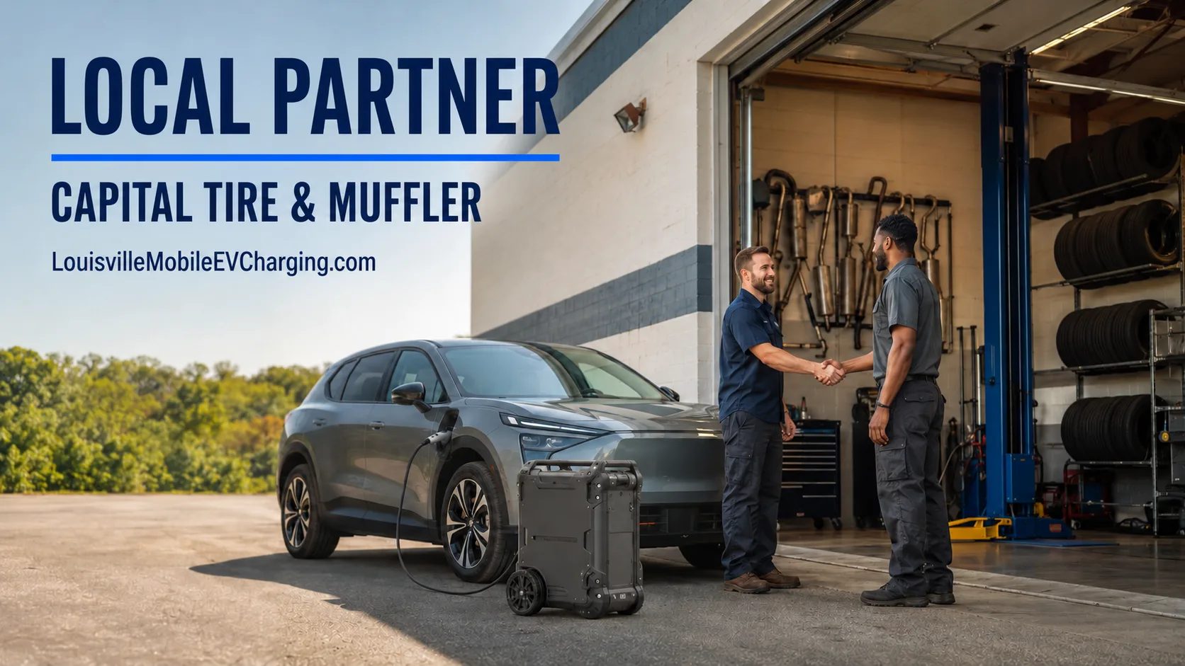 Illustration of Capital Tire and Muffler partnering with a Louisville mobile EV charging service